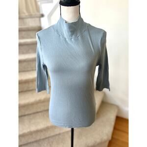 Paper Label Slate Blue Ribbed Mock Neck 3/4 Sleeve Top